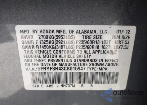 2012 Honda Pilot Ex из США, поврежденный, VIN 5FNYF3H43CB015947